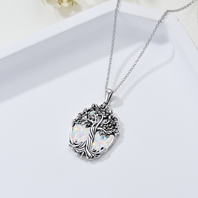 Sterling Silver Round Tree Of Life Crystal Pendant Necklace-5