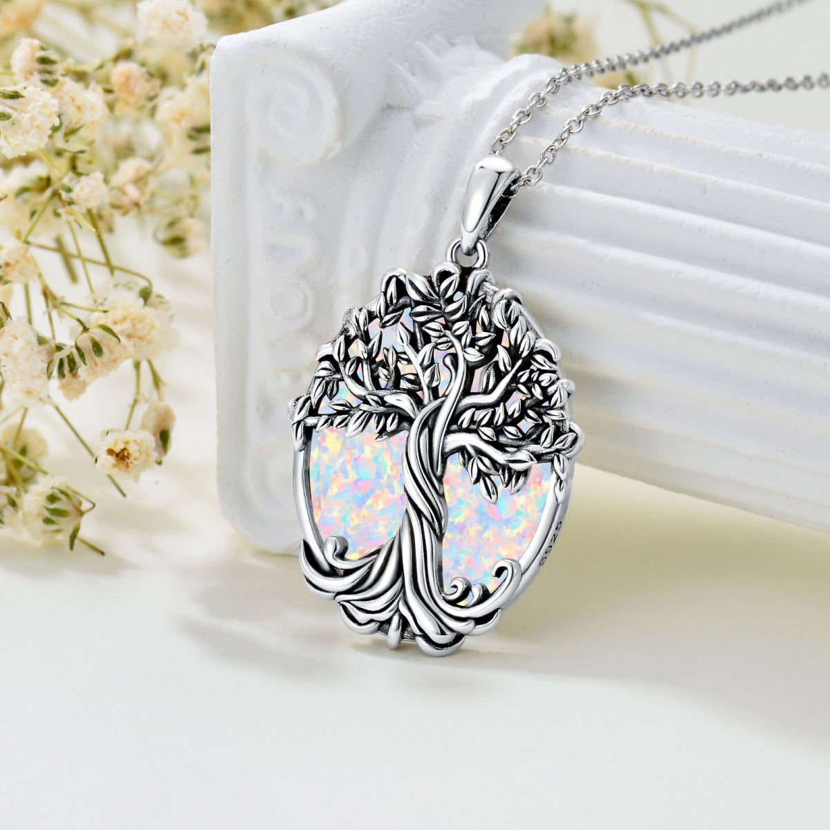 Sterling Silver Round Tree Of Life Crystal Pendant Necklace-6