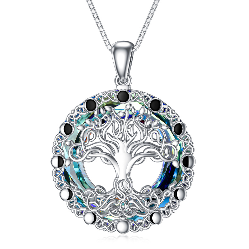 Sterling Silver Round Tree Of Life Crystal Pendant Necklace-11