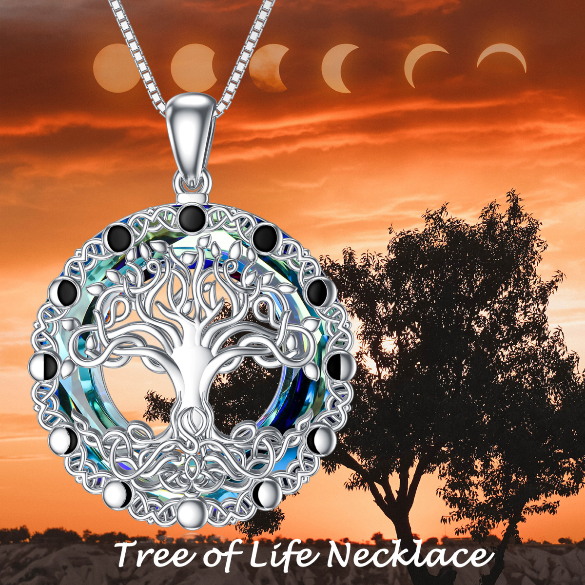 Sterling Silver Round Tree Of Life Crystal Pendant Necklace-5