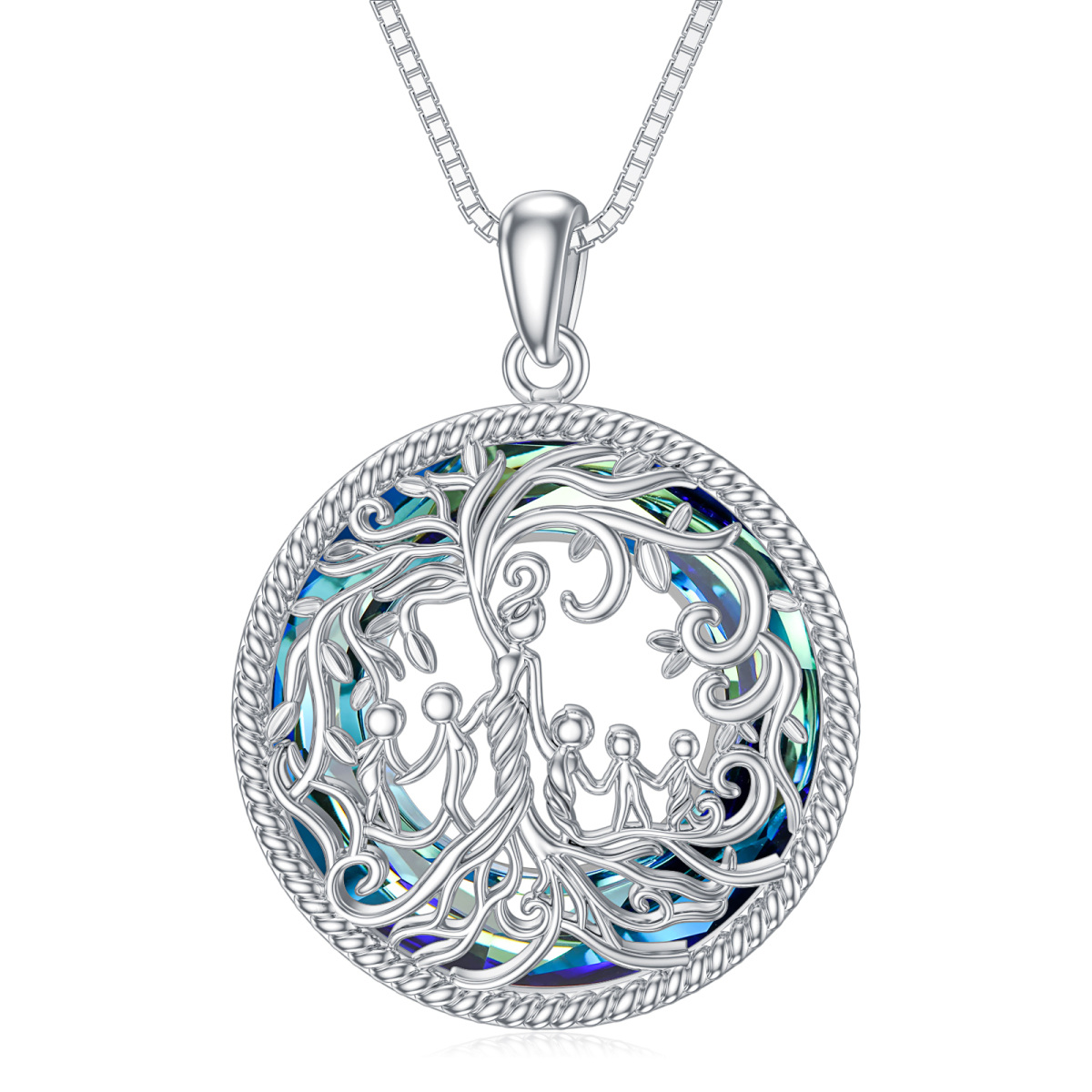 Sterling Silver Round Tree Of Life Crystal Pendant Necklace-1