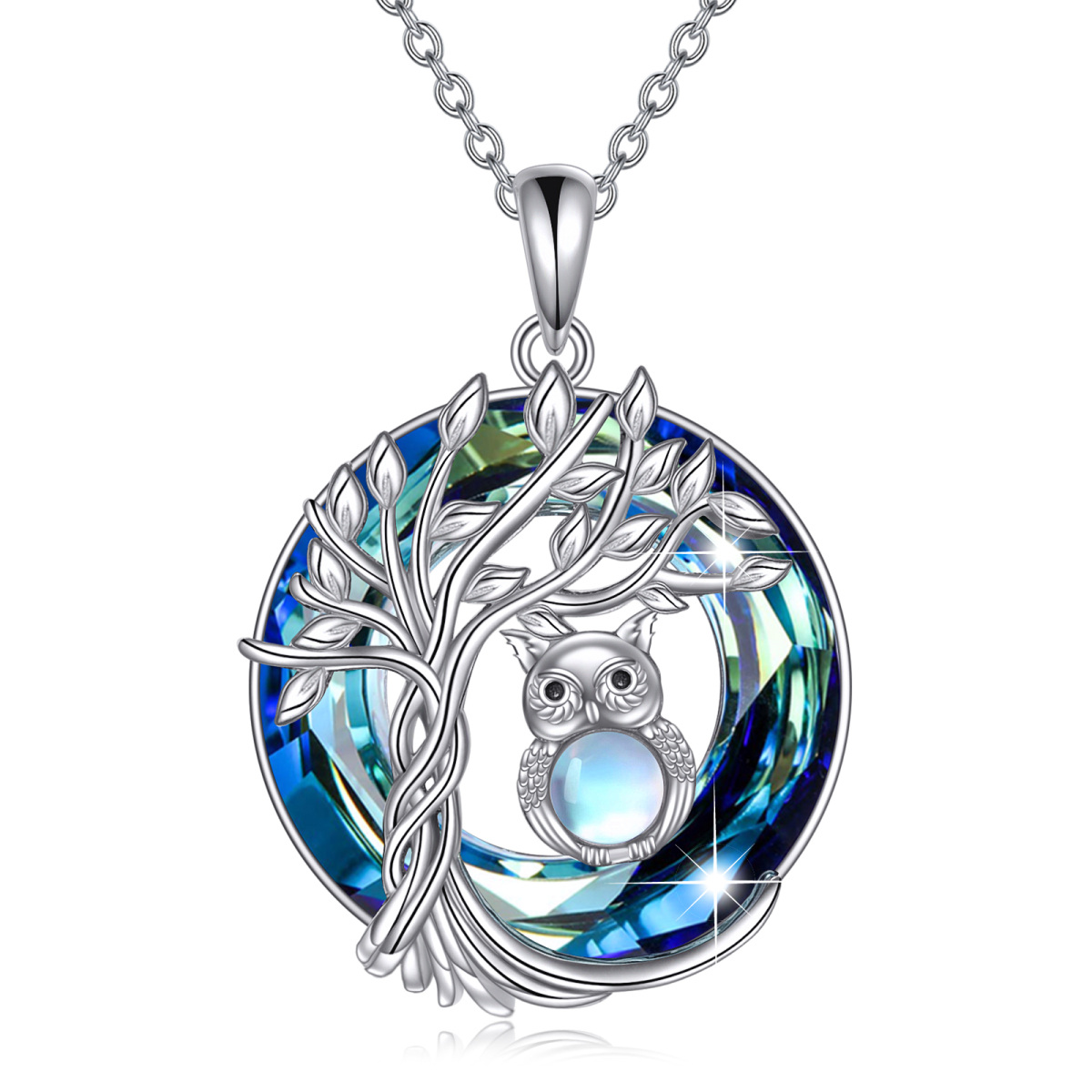 Sterling Silver Round Tree Of Life Crystal Pendant Necklace-1