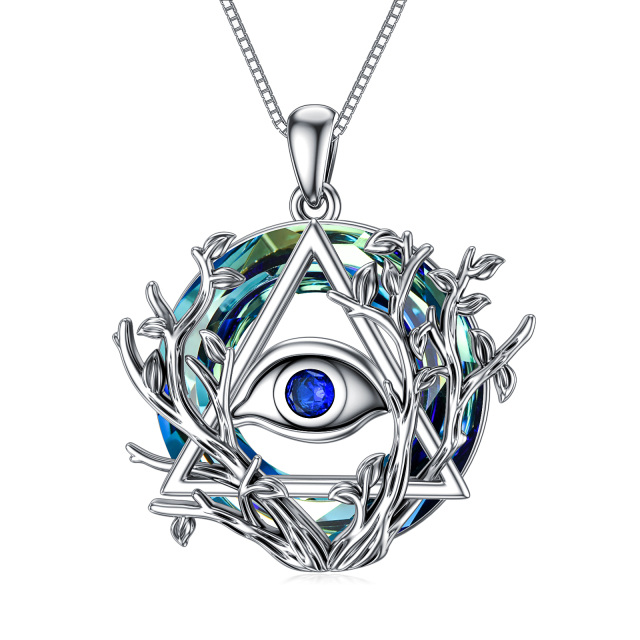 Sterling Silver Round Tree Of Life & Evil Eye Crystal Pendant Necklace-4