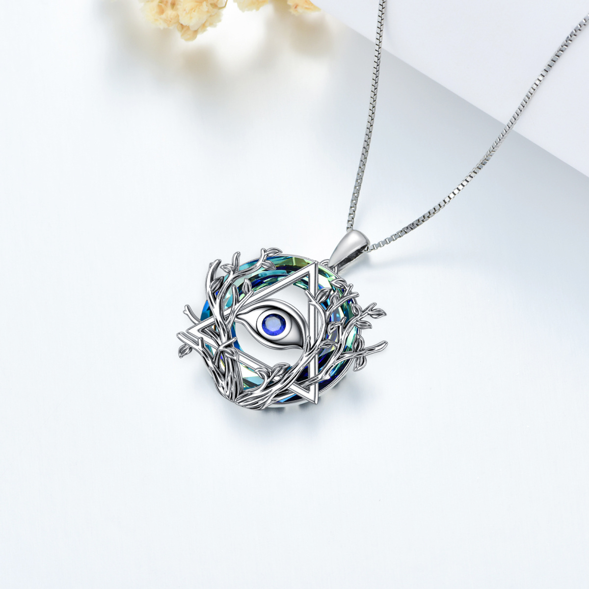 Sterling Silber Runde Baum des Lebens & Evil Eye Kristall Anhänger Halskette-3