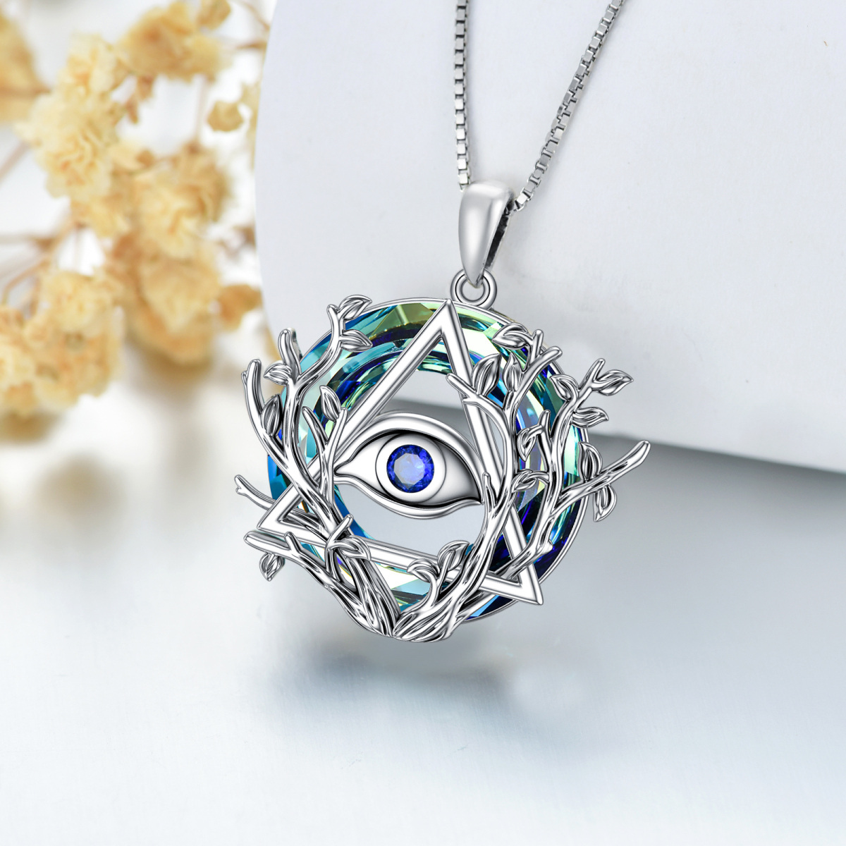 Sterling Silber Runde Baum des Lebens & Evil Eye Kristall Anhänger Halskette-4