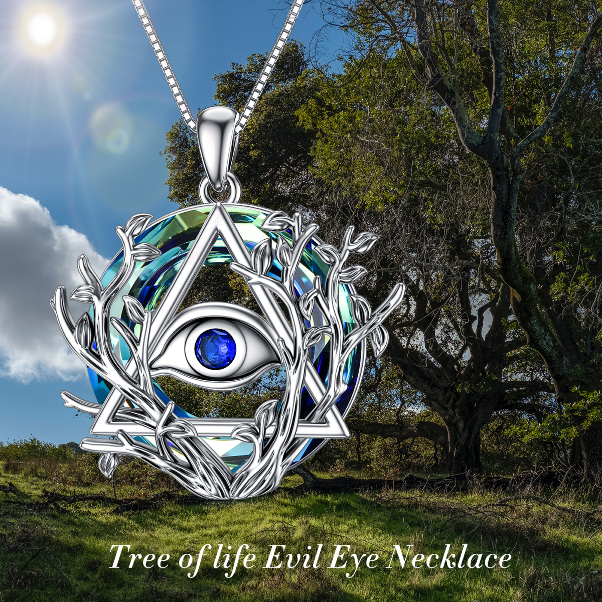 Sterling Silber Runde Baum des Lebens & Evil Eye Kristall Anhänger Halskette-6