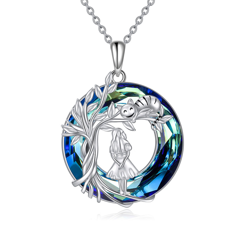Sterling Silver Round Tree Of Life Girl & Cat Crystal Pendant Necklace-14