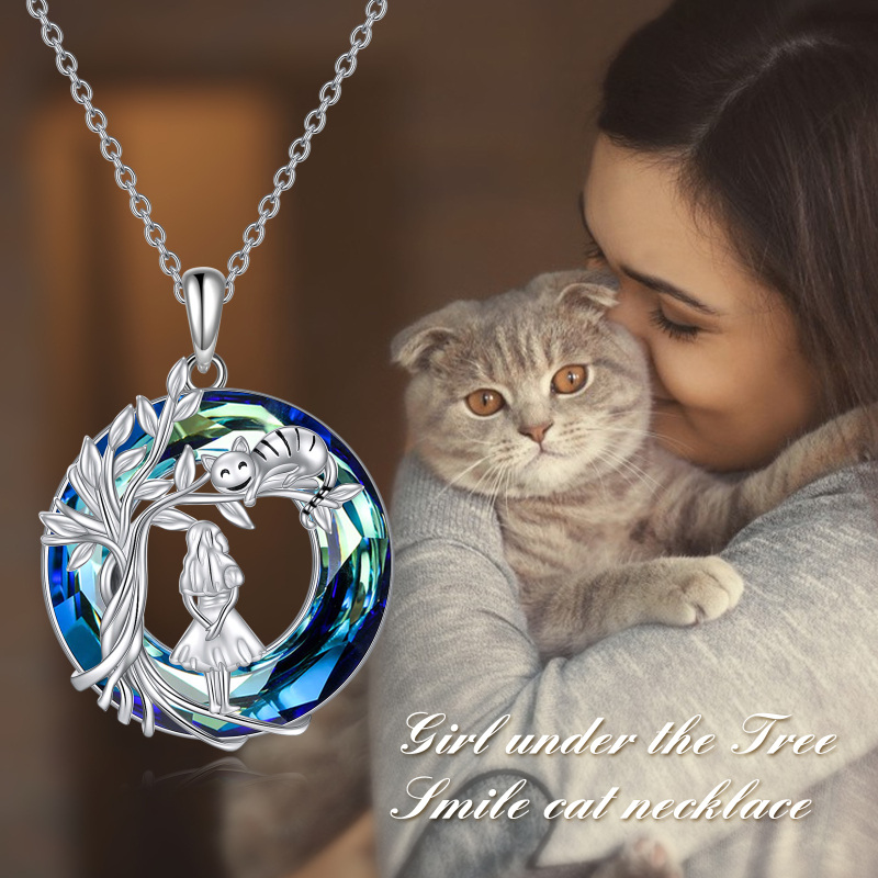 Collier en argent sterling avec pendentifs en cristal en forme d'arbre de vie (fille et chat)-3