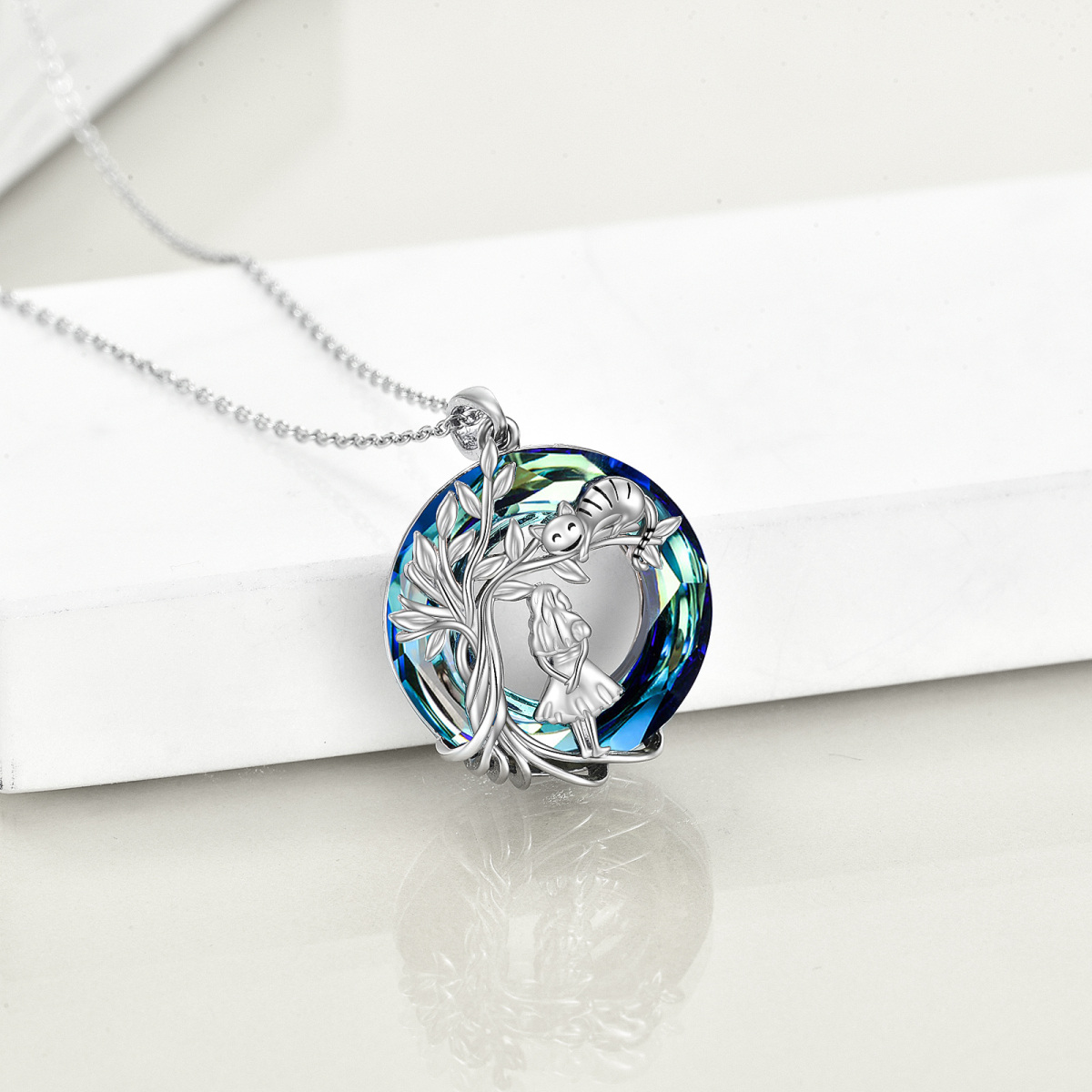 Sterling Silver Round Tree Of Life Girl & Cat Crystal Pendant Necklace-4