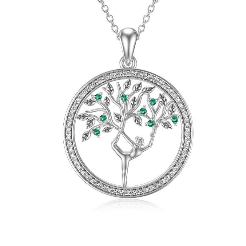 Sterling Silver Round Cubic Zirconia Tree Of Life & Yoga Pendant Necklace-5
