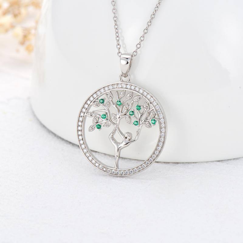 Sterling Silver Round Cubic Zirconia Tree Of Life & Yoga Pendant Necklace-3