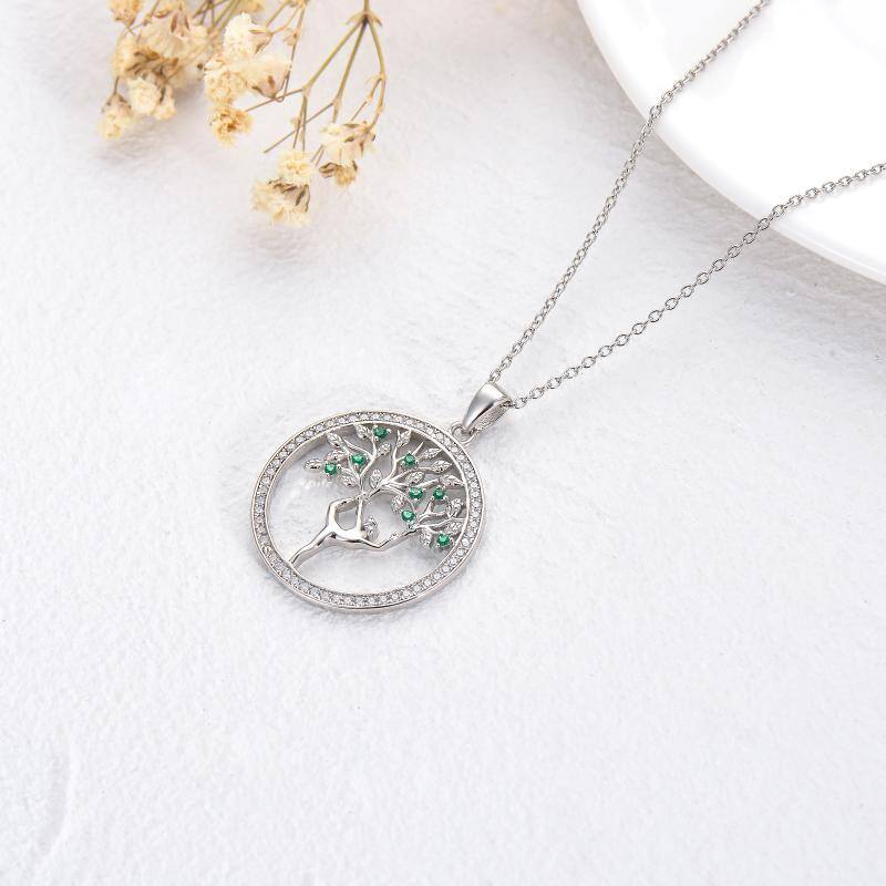 Sterling Silver Round Cubic Zirconia Tree Of Life & Yoga Pendant Necklace-4