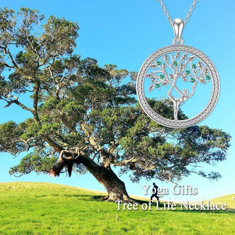 Sterling Silver Round Cubic Zirconia Tree Of Life & Yoga Pendant Necklace-5