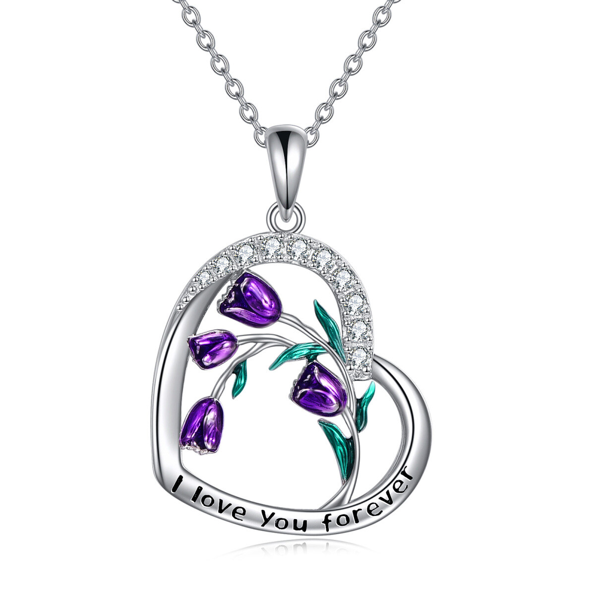 Collana con ciondolo a tulipano in argento sterling con zirconia cubica rotonda e parola incisa-1