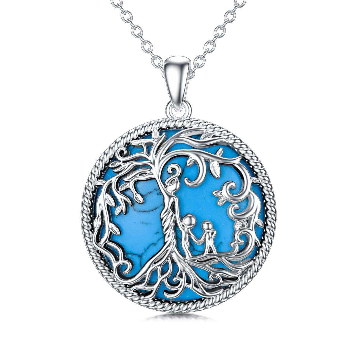 Sterling Silver Round Turquoise & Abalone Shellfish Tree Of Life Pendant Necklace For Grandmother Mother Daughter-1