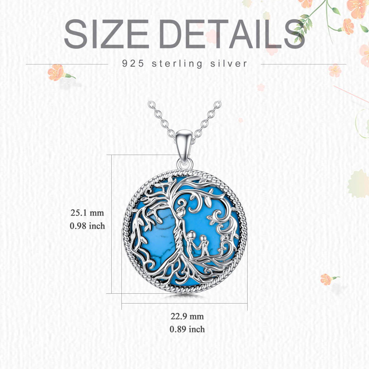 Sterling Silver Round Turquoise & Abalone Shellfish Tree Of Life Pendant Necklace For Grandmother Mother Daughter-4