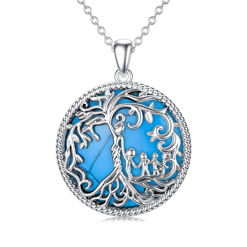 Sterling Silver Round Turquoise & Abalone Shellfish Tree Of Life Pendant Necklace For Grandmother Mother Daughter-10