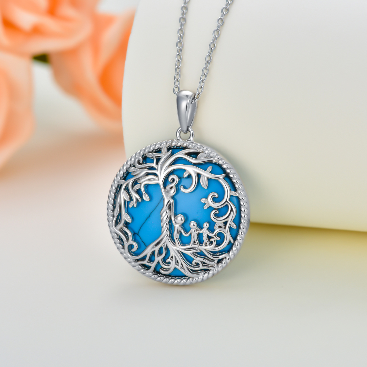 Collana con ciondolo a forma di albero della vita con conchiglia di abalone in argento sterling, turchese, per nonna, madre e figlia-3