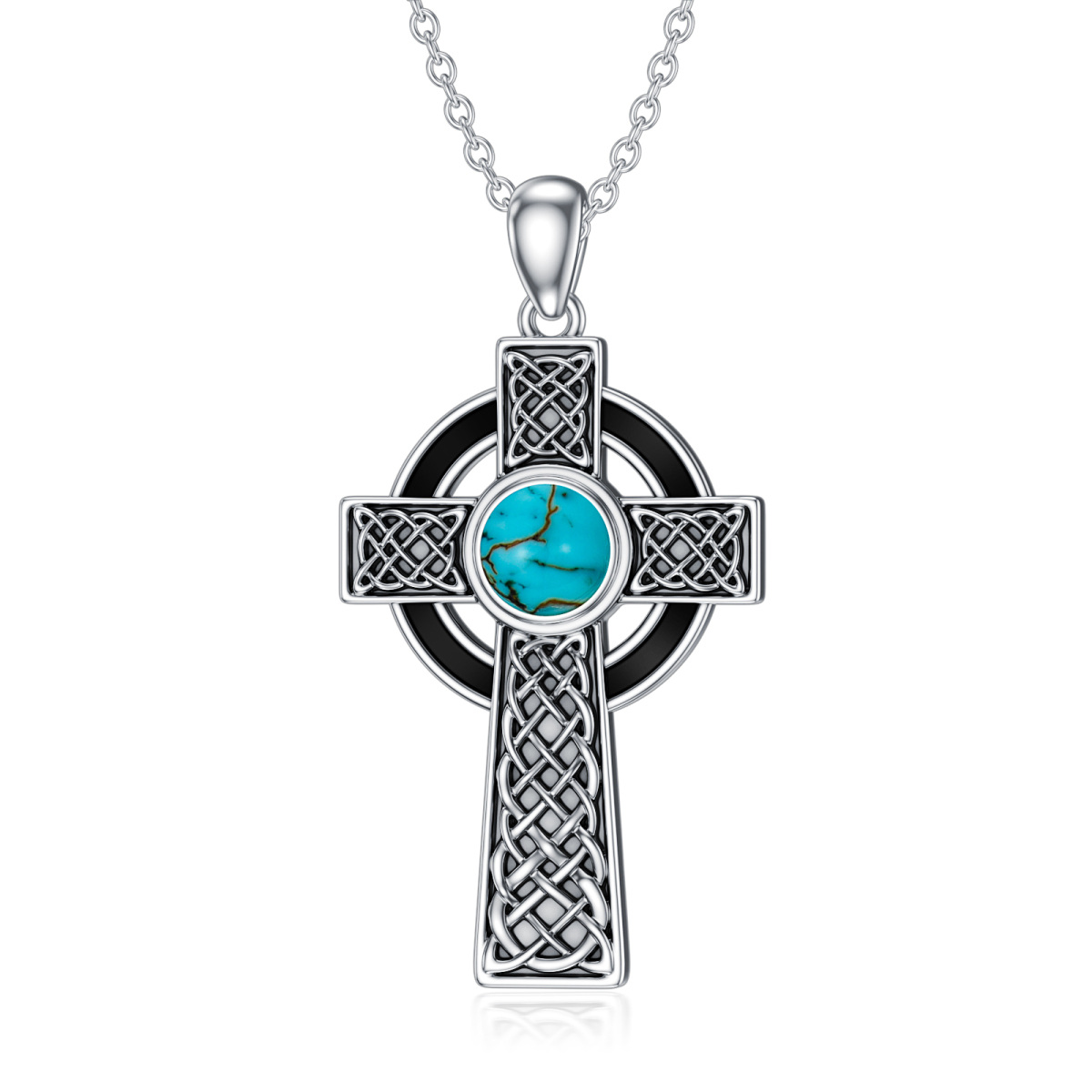 Sterling Silver Round Turquoise Celtic Knot & Cross Pendant Necklace-1