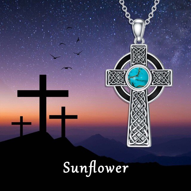 Sterling Silver Round Turquoise Celtic Knot & Cross Pendant Necklace-3