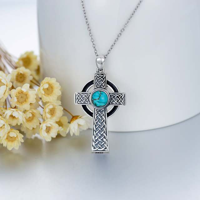 Sterling Silver Round Turquoise Celtic Knot & Cross Pendant Necklace-5