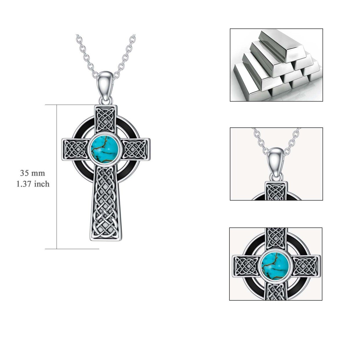 Sterling Silver Round Turquoise Celtic Knot & Cross Pendant Necklace-6