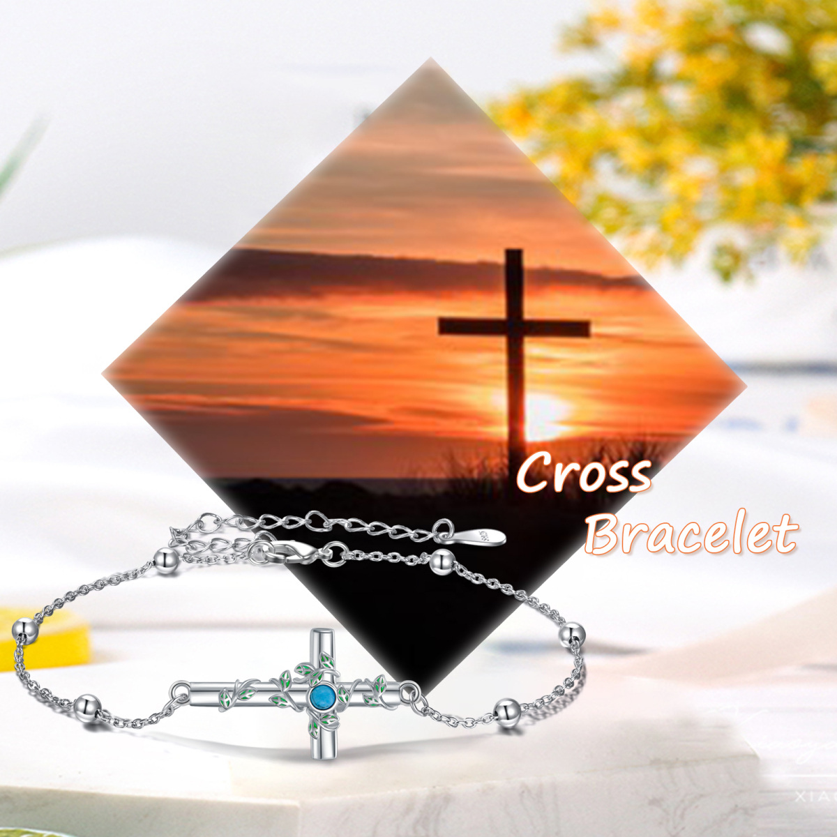 Bracelet pendentif croix turquoise ronde en argent sterling-6