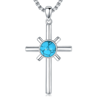 Sterling Silver Round Turquoise Cross Pendant Necklace for Men-12