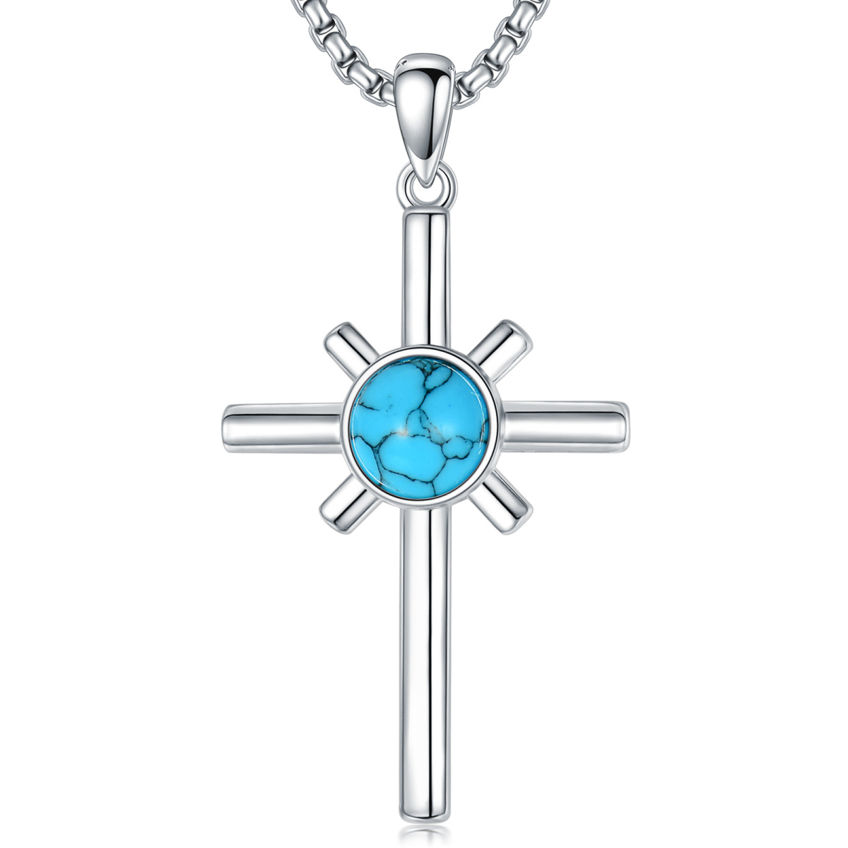 Sterling Silver Round Turquoise Cross Pendant Necklace for Men