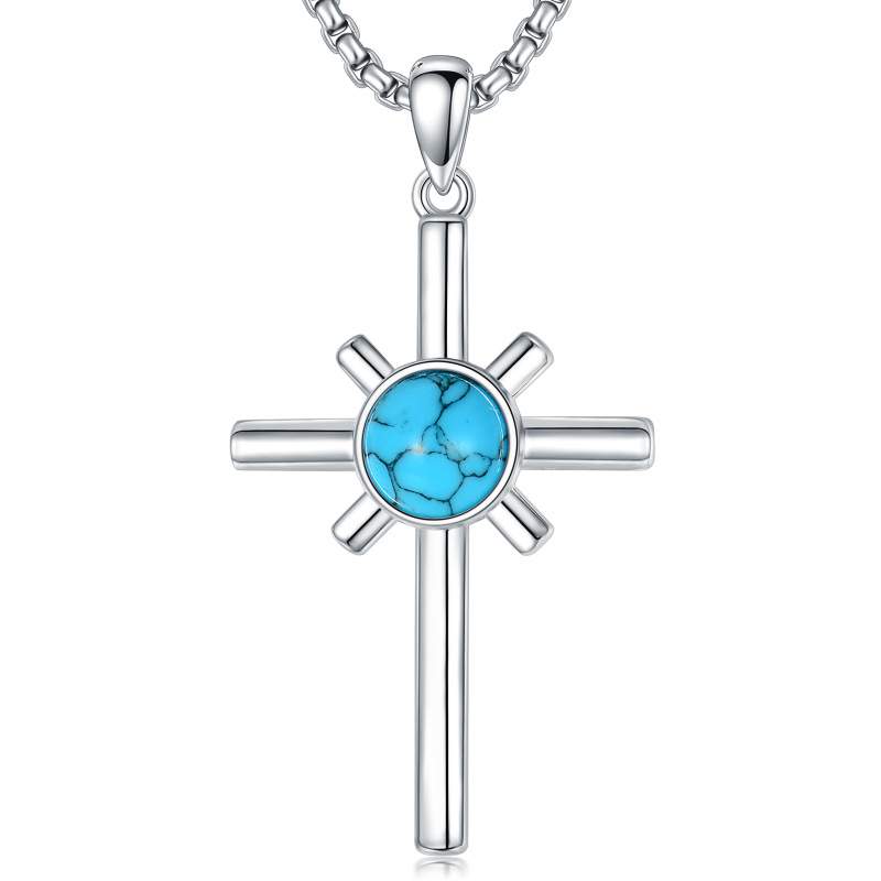 Collier en argent sterling avec pendentif croix en turquoise ronde pour hommes-8