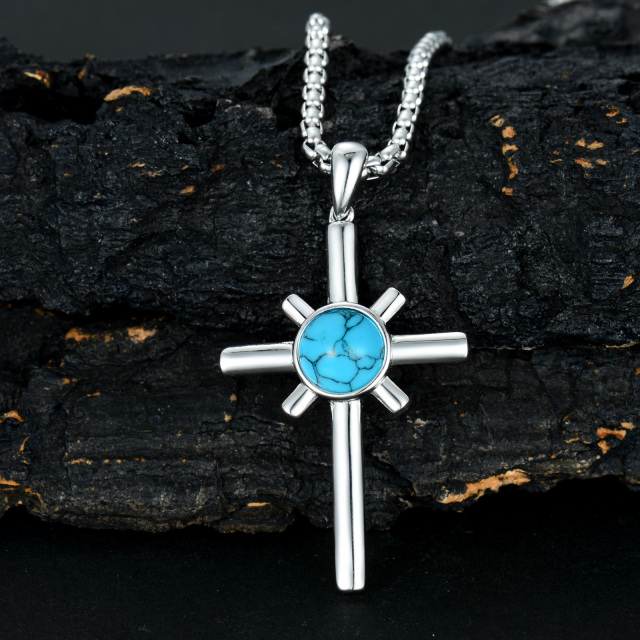 Sterling Silver Round Turquoise Cross Pendant Necklace for Men-3