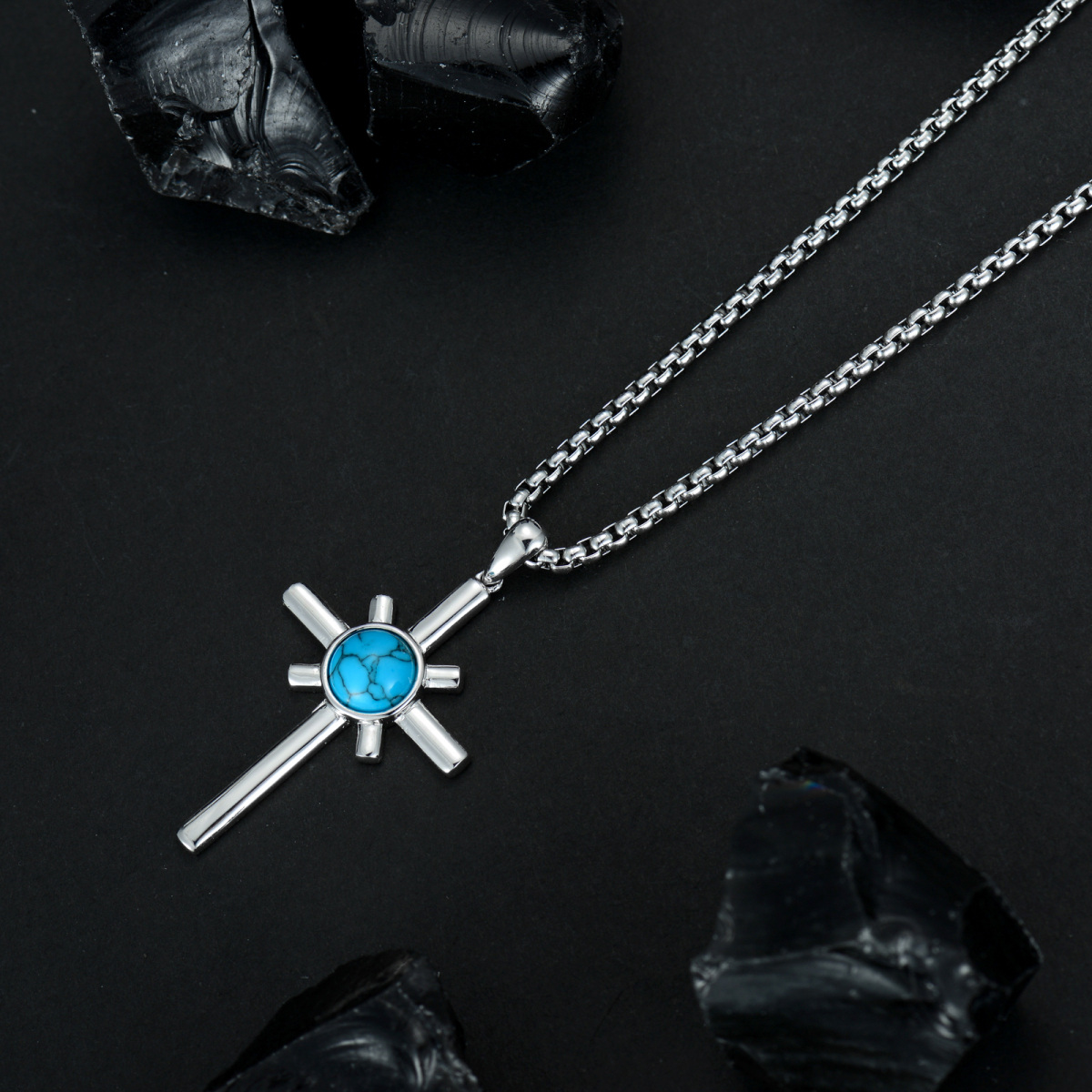 Sterling Silver Round Turquoise Cross Pendant Necklace for Men-4