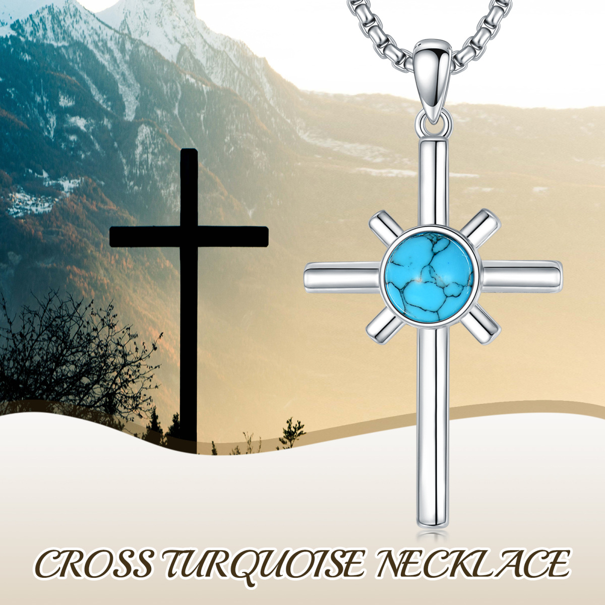 Sterling Silver Round Turquoise Cross Pendant Necklace for Men-6