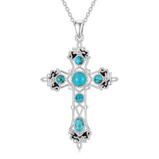 Sterling Silver Round Turquoise Cross Pendant Necklace-37