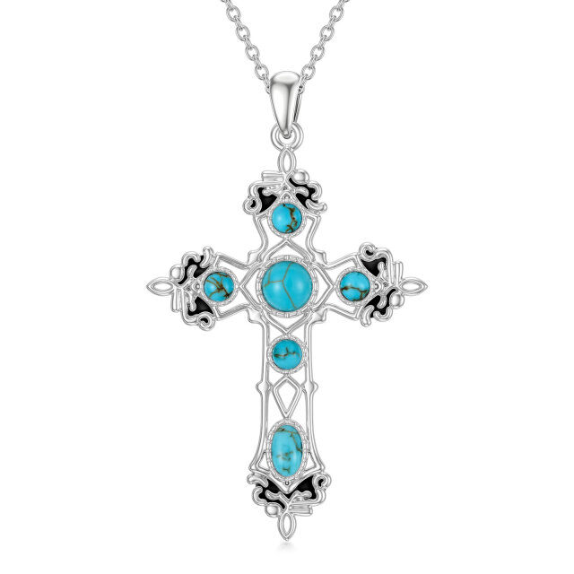 Sterling Silver Round Turquoise Cross Pendant Necklace-5