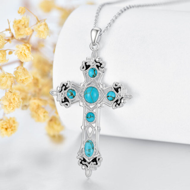 Sterling Silver Round Turquoise Cross Pendant Necklace-3