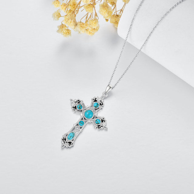 Collier en argent sterling avec pendentif croix en turquoise ronde-4