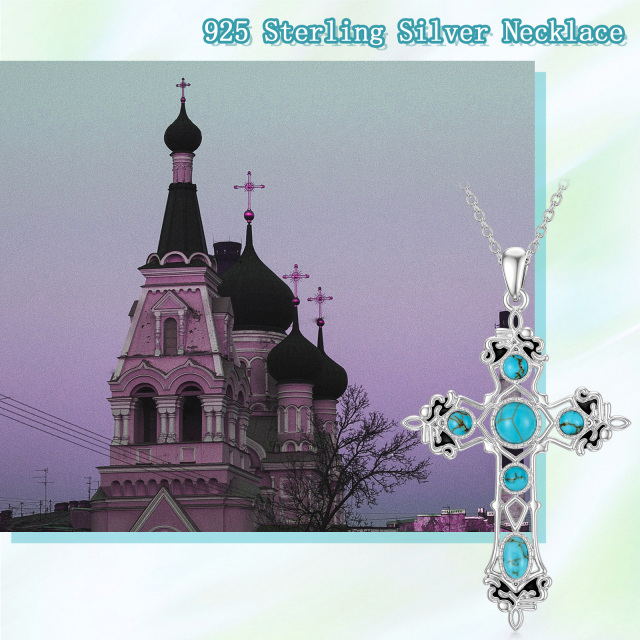 Sterling Silver Round Turquoise Cross Pendant Necklace-5