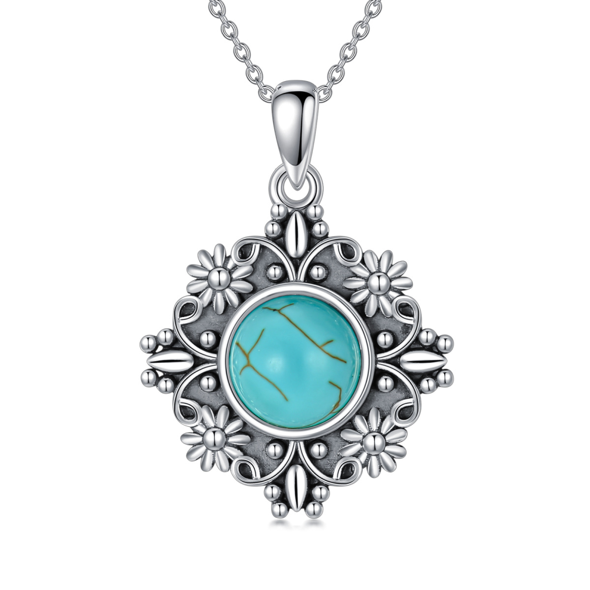 Sterling Silver Round Turquoise Daisy Pendant Necklace-1