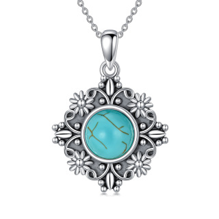 Sterling Silver Round Turquoise Daisy Pendant Necklace-15