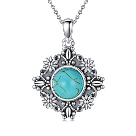 Sterling Silver Round Turquoise Daisy Pendant Necklace