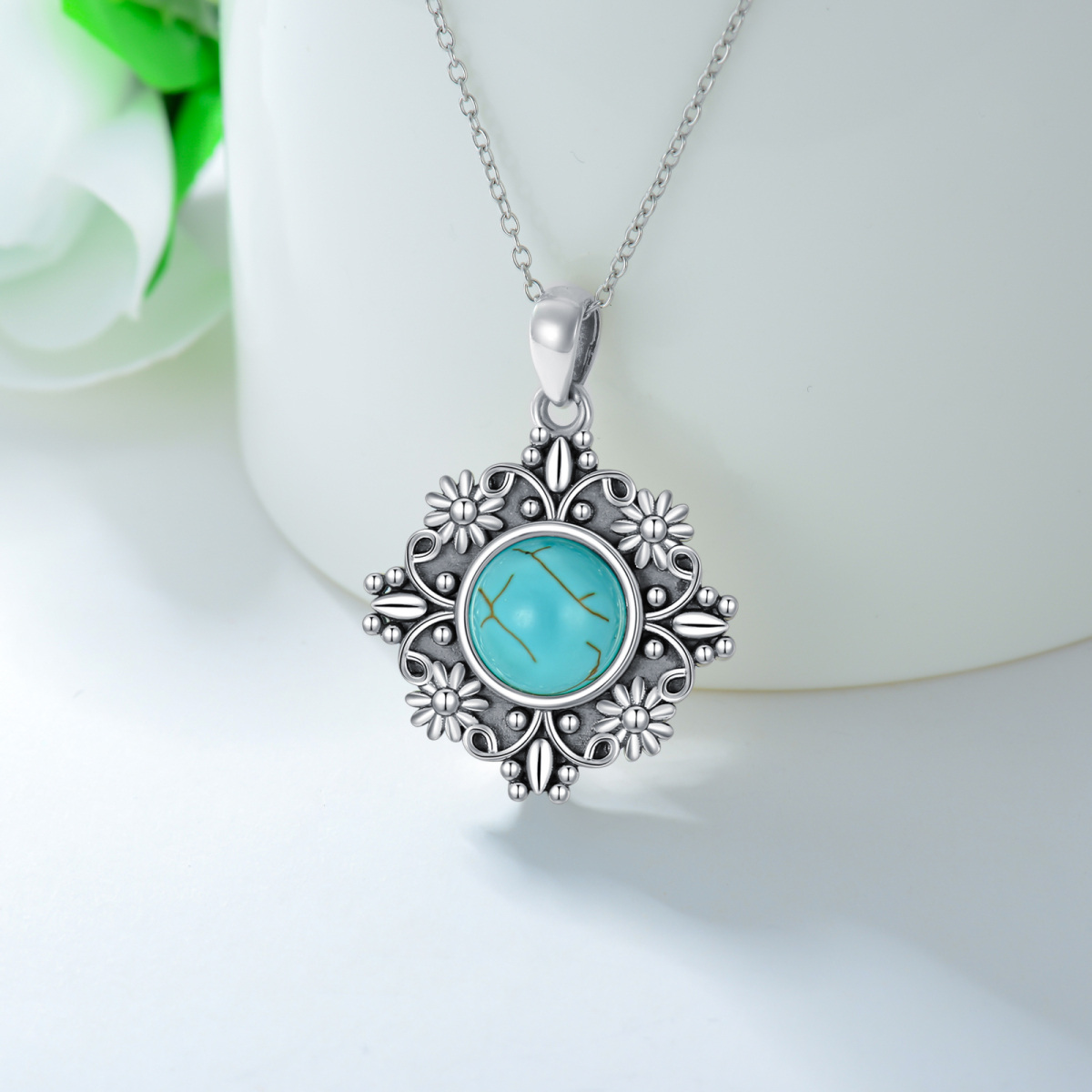 Sterling Silver Round Turquoise Daisy Pendant Necklace-3