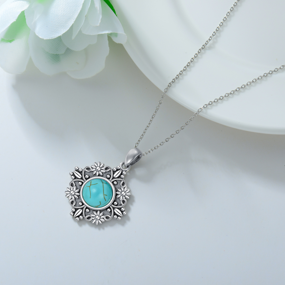 Sterling Silver Round Turquoise Daisy Pendant Necklace-4