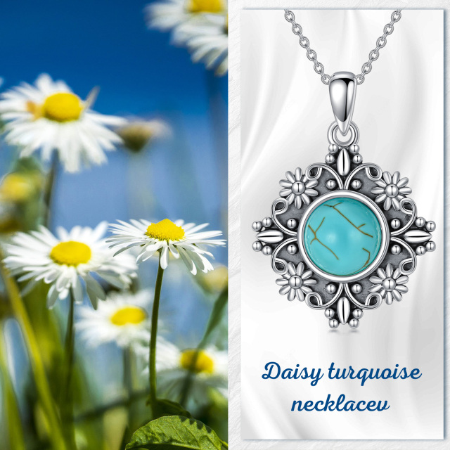 Sterling Silver Round Turquoise Daisy Pendant Necklace-6