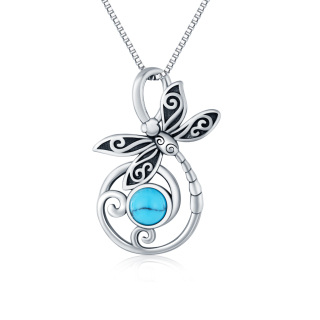 Sterling Silver Round Turquoise Dragonfly Pendant Necklace-57