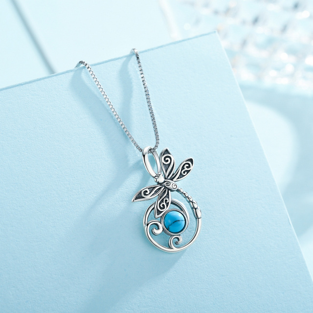 Sterling Silver Round Turquoise Dragonfly Pendant Necklace-4