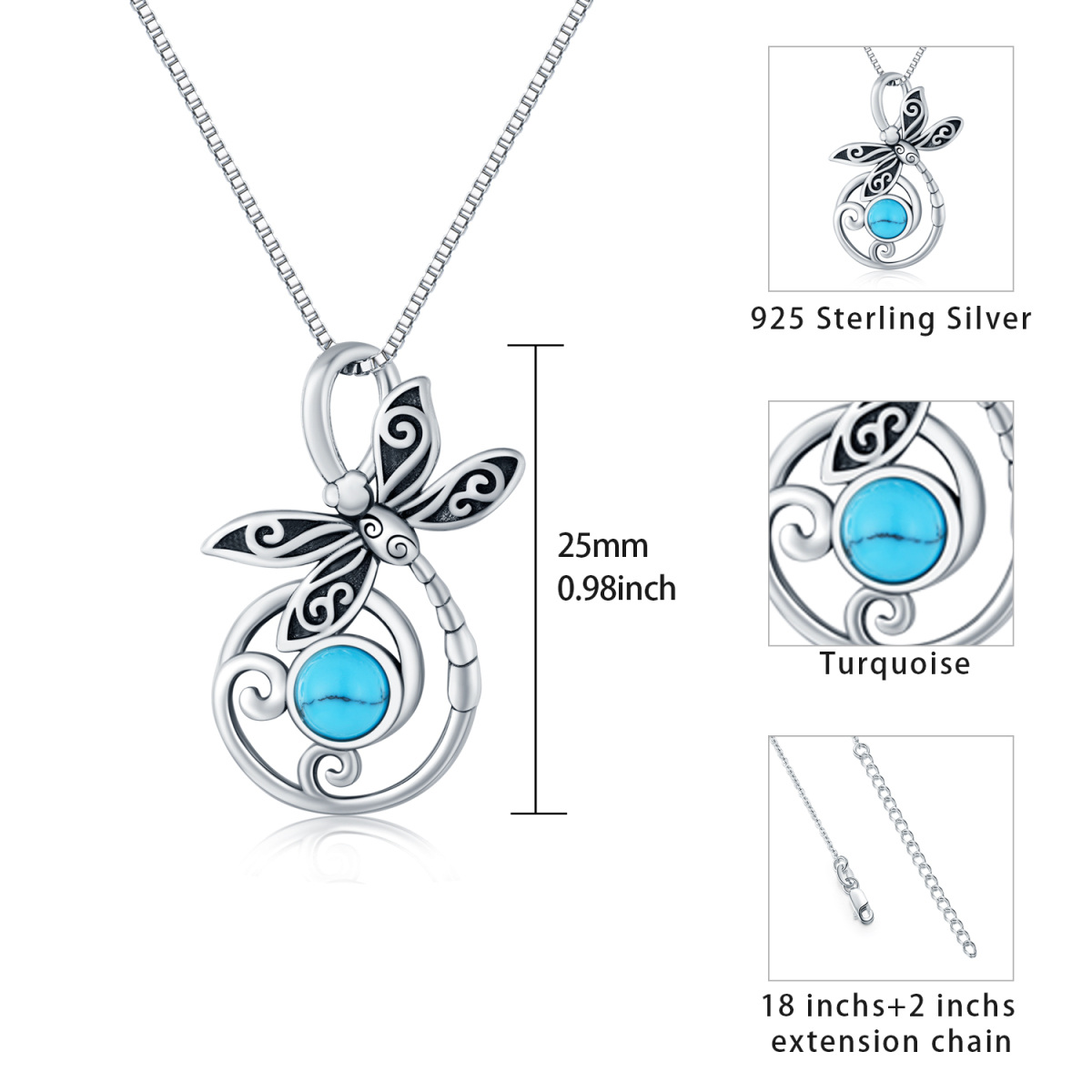 Collier en argent sterling avec pendentif libellule en turquoise ronde-5