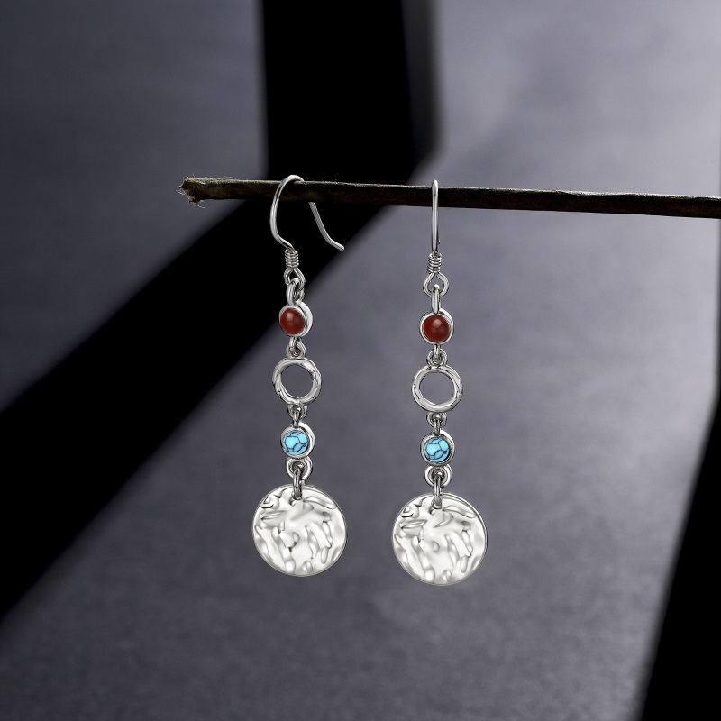Brincos de prata esterlina com turquesa redonda-3