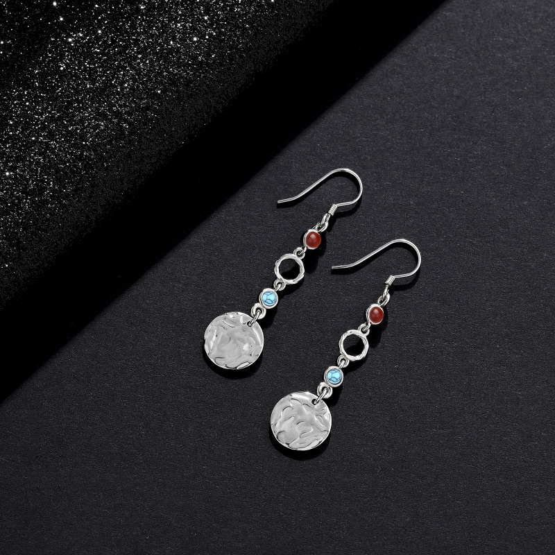 Brincos de prata esterlina com turquesa redonda-4