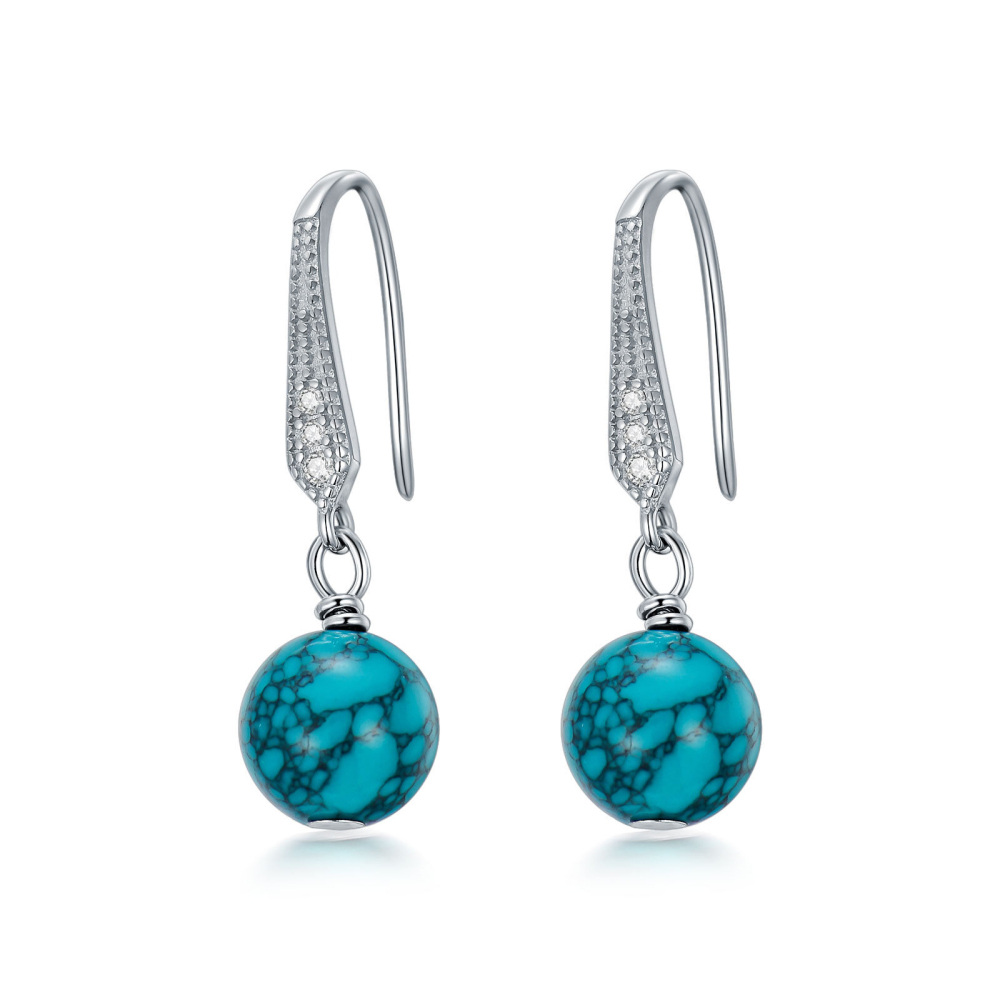 Sterling Silver Round Turquoise Drop Earrings For Women-1